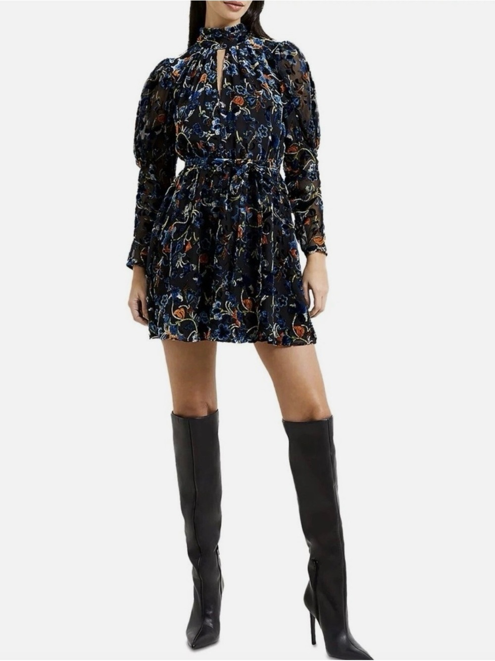 French Connection Navy Floral Velvet Mini Dress